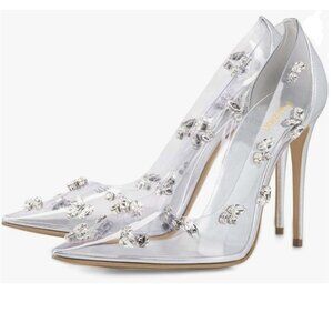 Pazzion Silver Sparkly Rhinestones Pointed Toe Slim High Heel Pumps Crystal Shoe